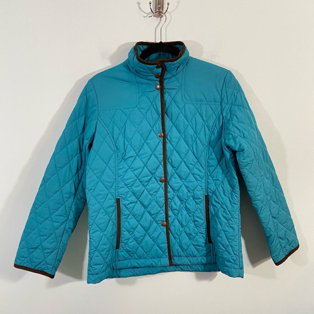 Lands' End Women's Teal Blue Brown Trim Quilted Snap Button Up Jacket Size S